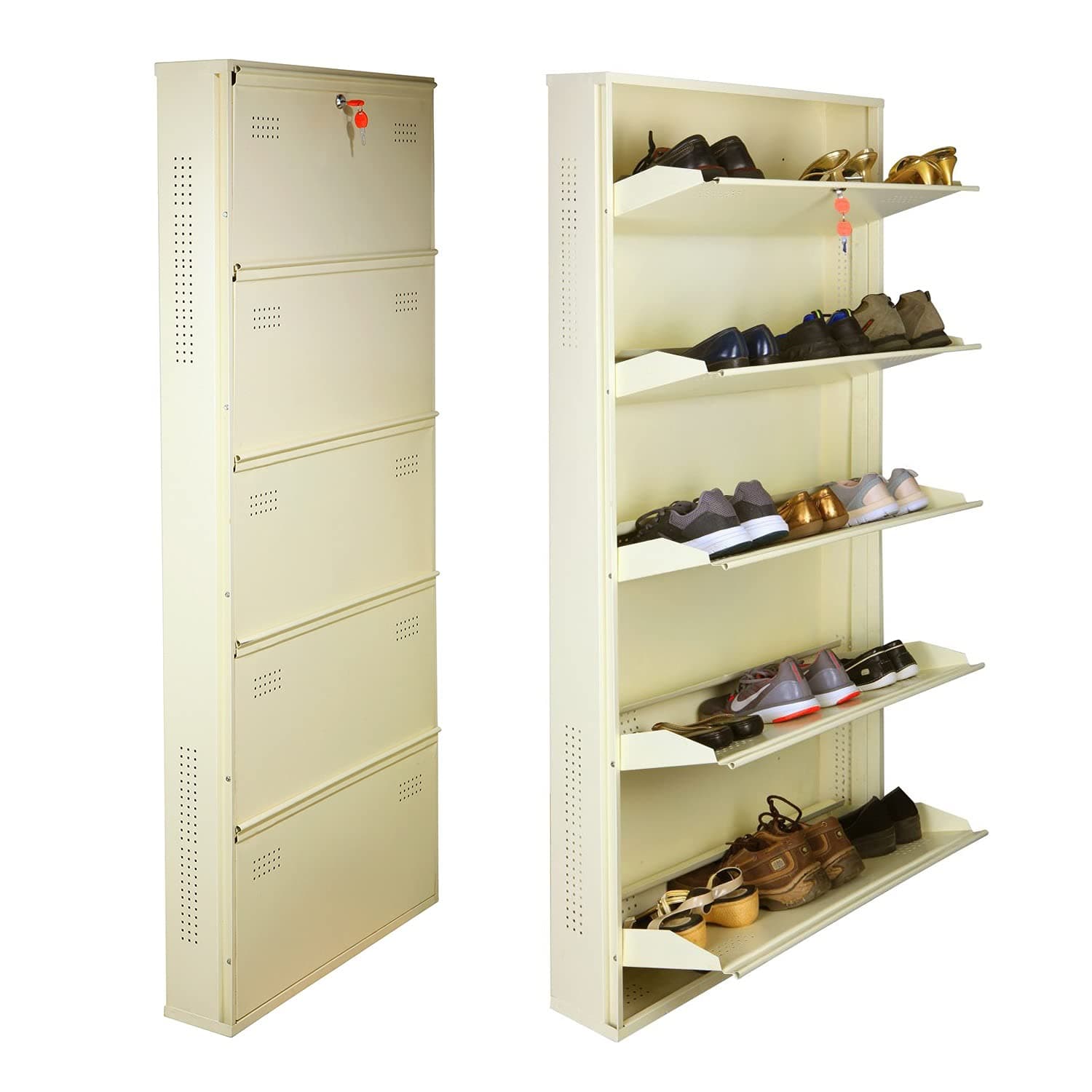 Laxmi KAPAT 5 Door Metal Shoe Rack Wall Mounted for Home with Central Locking, Can Hold Upto 25 Shoes Pair, 3 Year Warranty (67 x 28 x 6 Inch, Ivory)