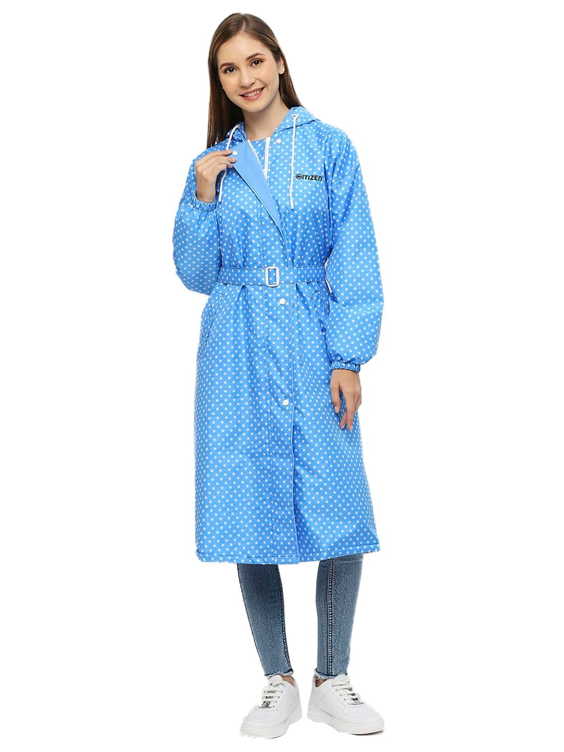 Citizen Polyester Reversible Casual Style Raincoat For Women With Inbuilt Hood,Waist Belt & Matching Carry Pouch|Stylish Polka Dot Design|Durable & Lightweight Rainsuit With High Tearing Strength