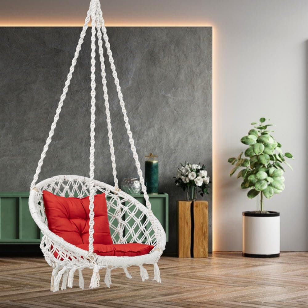 Patiofy Swing for Adults for Home/Swing for Living Room/Swing for Balcony/Jhula for Adults/Capacity Upto 120 Kgs/Jhoola with Free Hanging Accessories and L Cushion/Handmade Cotton Swing (White)