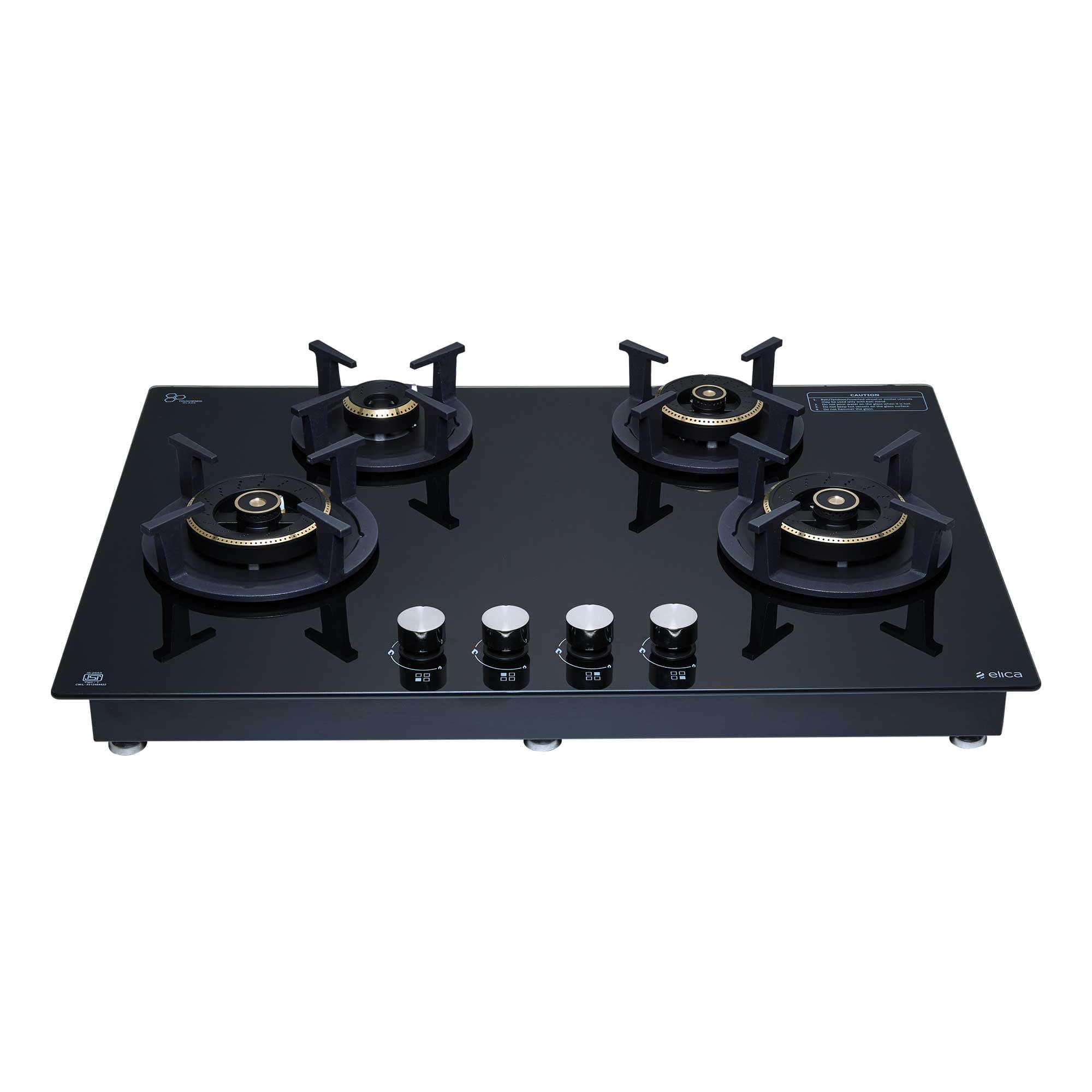 Elica 75cm 4 Burner Auto Ignition Hob | RG FLEXI DFS AB 4B 75 DX | 8 mm Toughened Glass, Direct Vertical Flame Brass Burners, Fully Sealed Burner Design, 2 Year Comprehensive Warranty