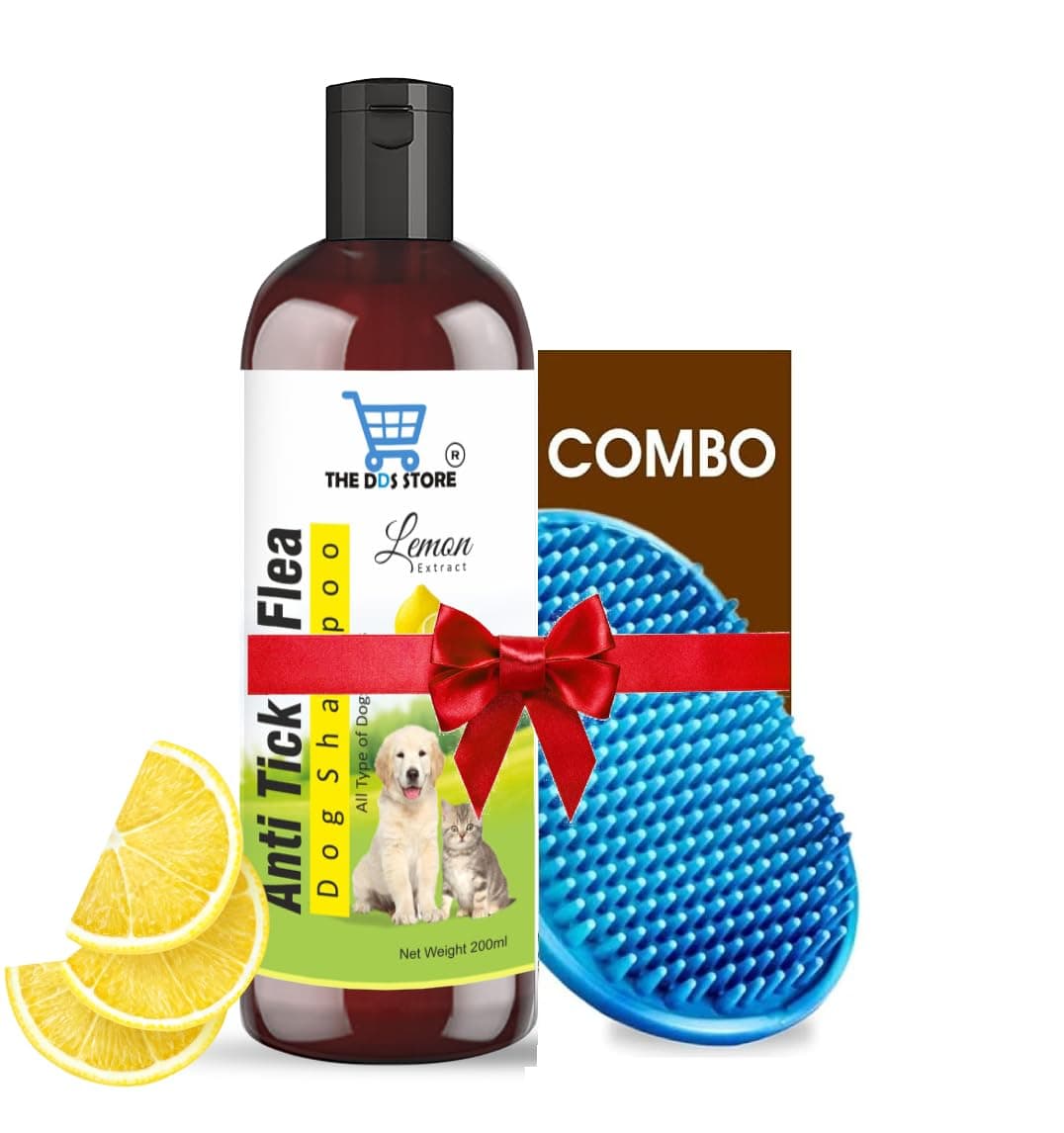 The DDS Store Anti Tick & Flea Dog Shampoo with Lemon-200 ml with Bath Brush Free (Brush Color May Vary)
