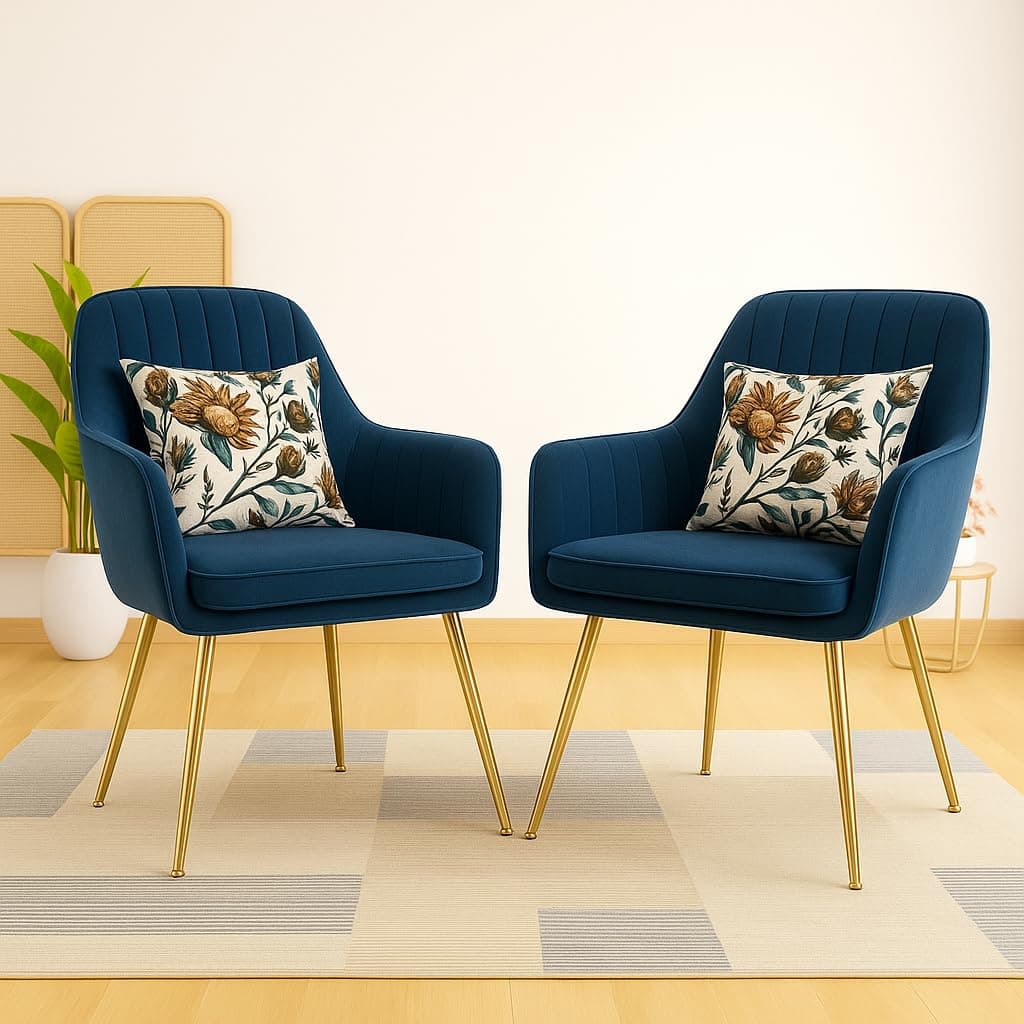CHAIR DECOR Velvet Dining Chair Set of 2 | Luxury Armchairs with Soft Velvet Pillow & Golden Metal Legs | Modern Chairs for Living Room, Bedroom, Lounge, Cafe & Restaurant (Blue Floral)