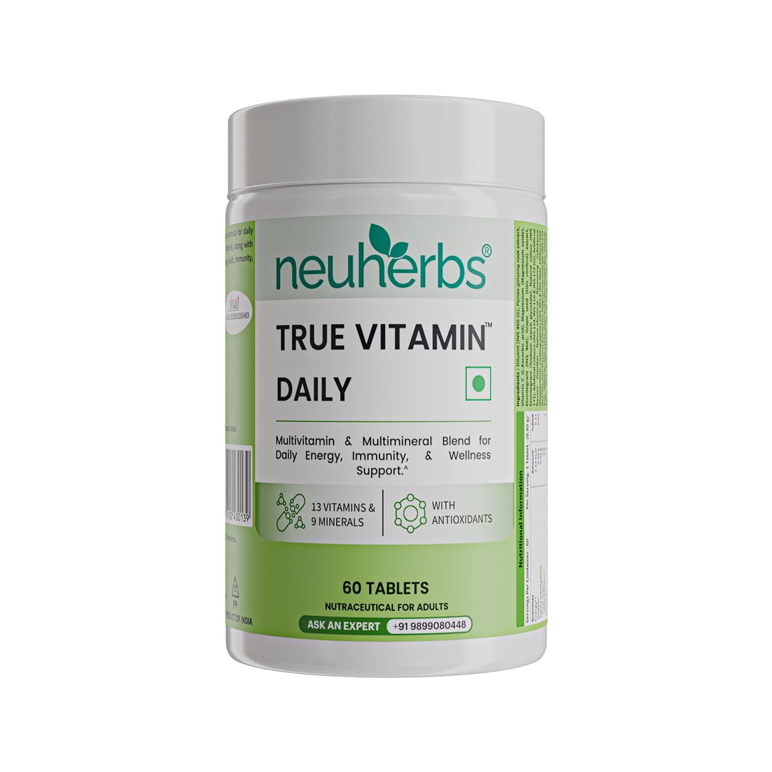 Neuherbs Daily Multivitamin 60 Tablets |True Vitamin for Men & Women with Vitamin C, B12, D, Magnesium,Iron & Zinc | Supports Energy, Stamina & Immunity