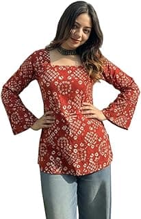 ANNI DESIGNER Women’s Viscose Printed Short Kurti | Straight Fit Ethnic Top with Square Neck | Bell Sleeve Casual Indian Kurta for Office College, Party