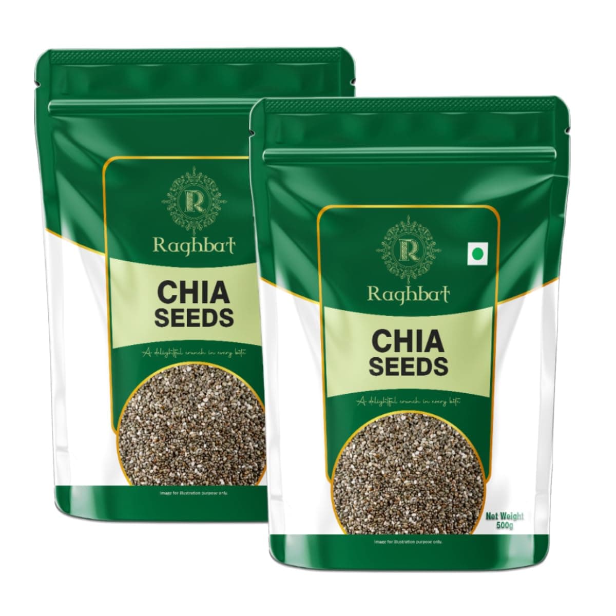 Raghbat Pure Chia Seeds, 1Kg, Rich in Calcium & Protein, Source of Iron, Trans Fat Free, Rich in Magnesium, Rich in dietary fibre, Rich In Omega 3 Fatty Acid | Pack of 2-500g Pouch Each