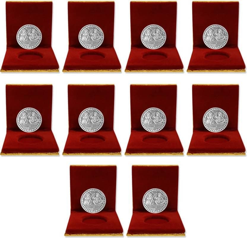 German Silver 10 Grams Silver Plated Coin, Pack of 10 | Diwali Gift Items, For Men's, Women's, Staff, Customer, Clients, Corporate, With Velvet Gift Box