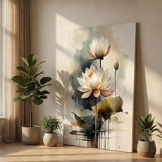 Livin'luxe Elegant White Lotus Flower Canvas Wall Art - Zen Watercolor Floral Painting Print with Water Reflection for Living Room, Bedroom & Spa Decor (Neutral Earth Tones, Large Poster)