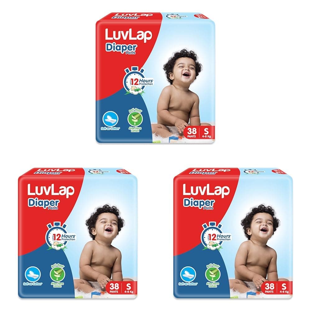 LuvLap Pant Style Baby Diapers, Small (S), 38 Count, For babies of Upto 4-8Kg with Aloe Vera Lotion for rash protection, with upto 12hr protection, Diapers (Pack of 3)