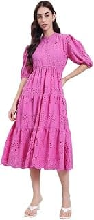Styli Women Schiffli A-Line Midi Dress | Self Design Cotton One Piece Dress for Women | Stylish Casual, Party & Everyday Dress | Comfortable Summer Wear