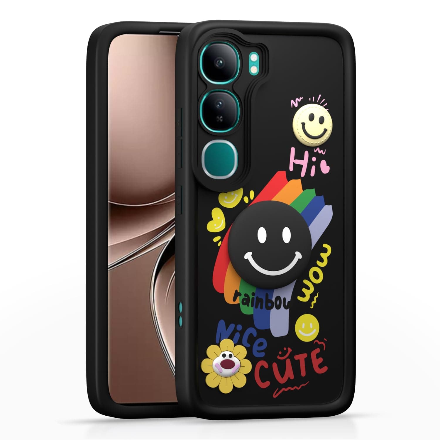 Amazon Basics Back Cover for Vivo Y300 5G / Vivo V40 Lite 5G | Cute 3D Cartoon Rainbow Smile Flower | Raised Camera Protection | Shockproof Soft Silicone Bumper Case (Black)