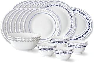 Larah by BOROSIL Jazzblue Fluted Series Opalware Dinner Set | 27 Pieces for Family of 6 | Microwave & Dishwasher Safe | Bone-Ash Free | Crockery Set for Dining & Gifting | Plates & Bowls | White