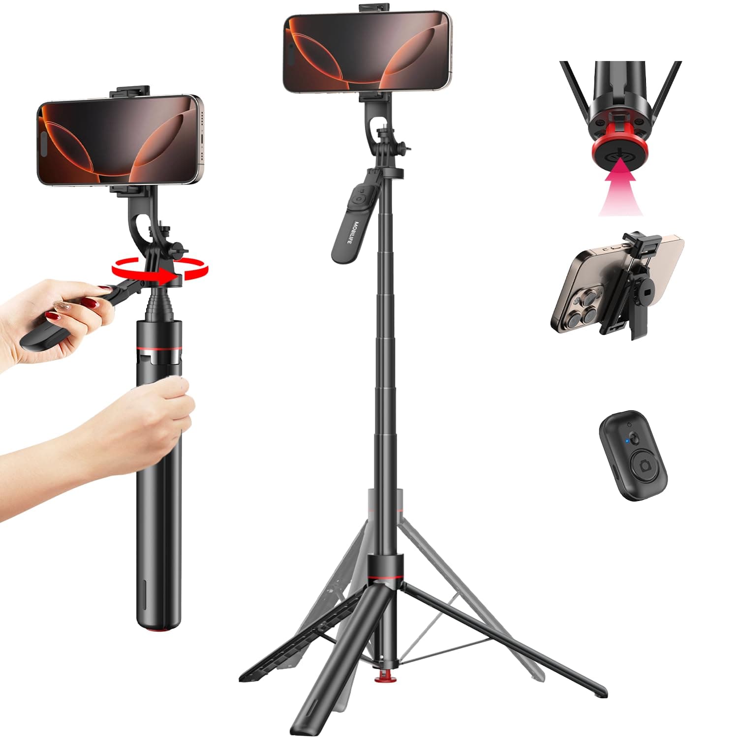 Mobilife Auto Open Selfie Stick Tripod 360 Degree Rotating Balance Handle 71-inch Long Extendable Bluetooth Mobile Tripod Stand with 1/4" Screw for Mobile Phone Camera Gopro Vlogging YouTube Travel