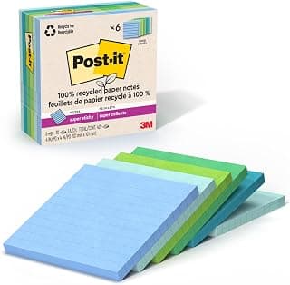 Post-It Super Sticky Notes 100% Recycled Paper Ruled 4" x 4" 6 Pads 70 Sheets Per Pad Oasis Collection School Supplies and Office Products