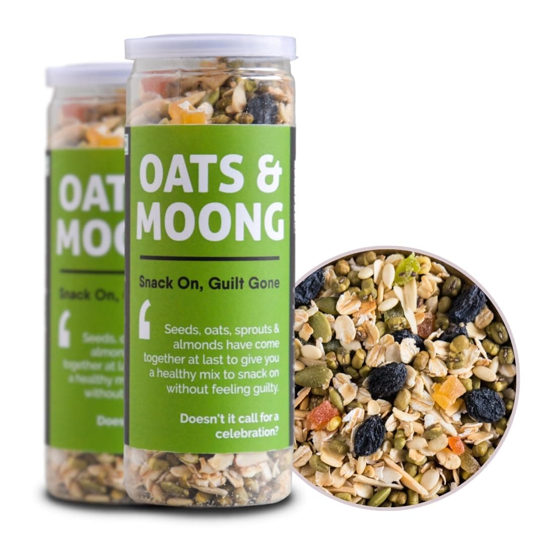 Omay Foods Oats and Moong Trail Mix, 160g Jar (Pack of 2) | Roasted Oats, Sprouted Moong, Almonds, Seeds and Dried Fruits | High Fibre and Protein | Weight Loss Snack | Gut Health | Gluten Free