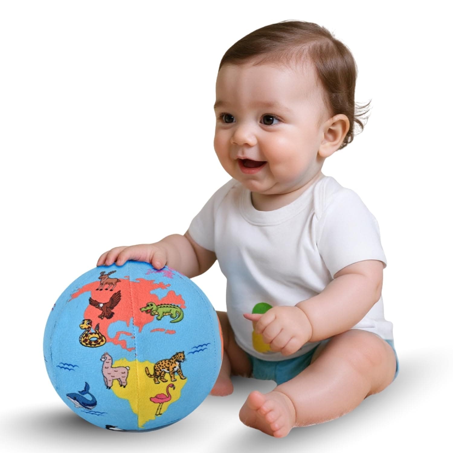 Seraphina Soft Plush Ball for Babies – Toy Baby Ball with Rattle Sound, World Map & Animal Sensory Educational Toy for Infants & Toddlers, Learning Globe Ball for Early Development, Newborn Baby Gift