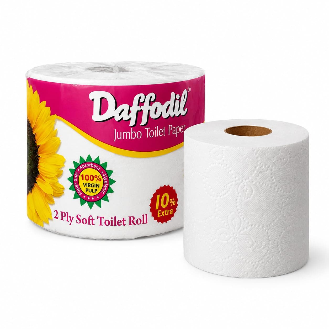 DAFFODIL 2 Ply Toilet Tissue Roll – 1 Roll (1200 Sheets) | Ultra Soft, Strong & Absorbent Bathroom Tissue Paper | Long Lasting Toilet Roll for Home, Office & Commercial Use