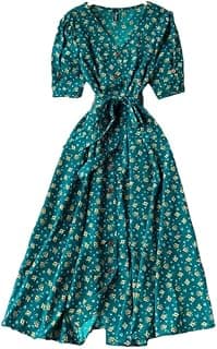 Gufrina Dresses for Women Half Sleeve || Floral Print || V-Neck and Puff Sleeves || Front Open Button & Tie-Up || Midi Dress