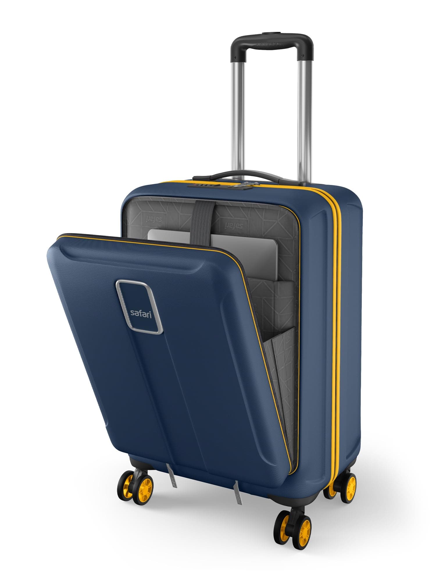 Safari Cabin Trolley Bag with Laptop Compartment, Hardside Polycarbonate Small (55cm) Suitcase | 360° 8 Wheel Spinner Travel Luggage| Recessed Combination Lock|Thorium Neo| Graphite Blue
