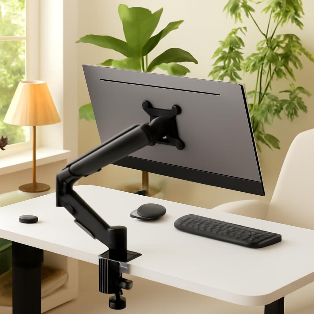White Mulberry Monitor Arm | Economical Gas Spring Metal Desk Mount | Single Screen 15-32 Inch 9kg VESA 75x75 & 100x100 | Full Motion Monitor Arm Desk Mount | Tilt Swivel Rotate Cable Management