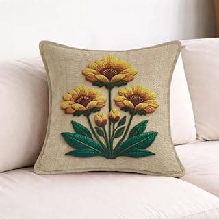 3D Floral Print Decorative Cushion Cover, 16 x 16 Inch, Beige Linen, Yellow Sunflower Design, Green Leaves, Throw Pillow Cover, (1 - One Piece)