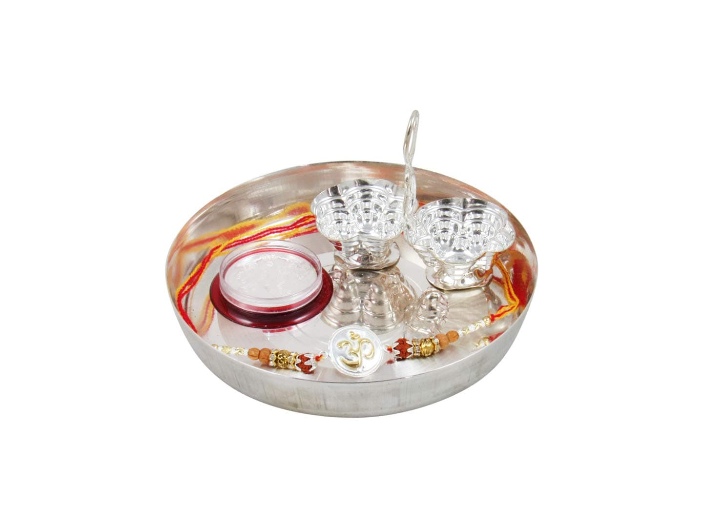 GoldGiftIdeas Pure Silver OM Rakhi for Brother/Bhai, Certified Golden Silver Rakhi for Rakshabandhan with Pooja Thali Set (5 Inch), (Men/Boys)