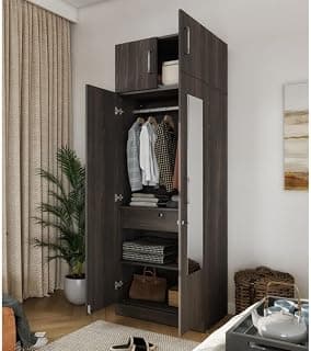 Wakefit Wardrobe | 1 Year Warranty | Engineered Wood Almirah, Cupboard for Clothes Storage | 2 Door, Mirror, Drawer, 1 Hanging Space | Gingham - Dark Brown