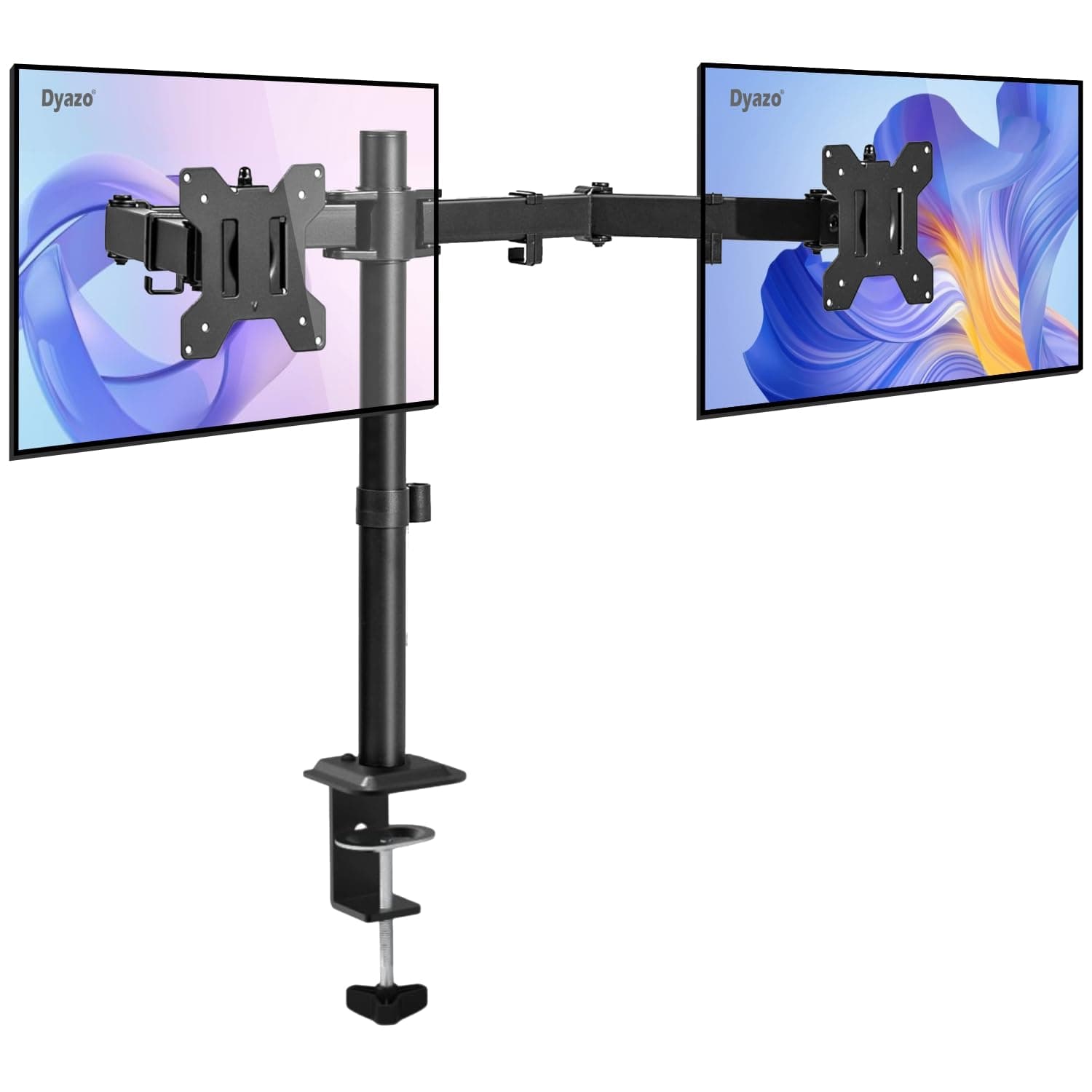 Dyazo Dual Monitor Stand for Desk | Full Motion Adjustable Arms with Height Adjustment, Tilt & Swivel | Supports 13-32 Inch Screens | VESA 75/100 Compatible with C-Clamp & Grommet Mount Base (Black)