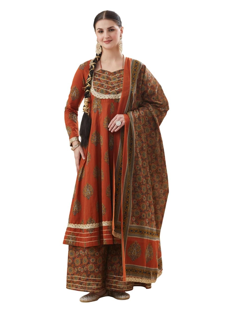 MOKOSH Women’s Cotton Print Anarkali Kurta Sharara with Dupatta | Anarkali Kurta Set | Queen Anne Neck Full Sleeve Ethnic Suit | Floral Kurta 3 Colour Option Available | 3 Piece Outfit