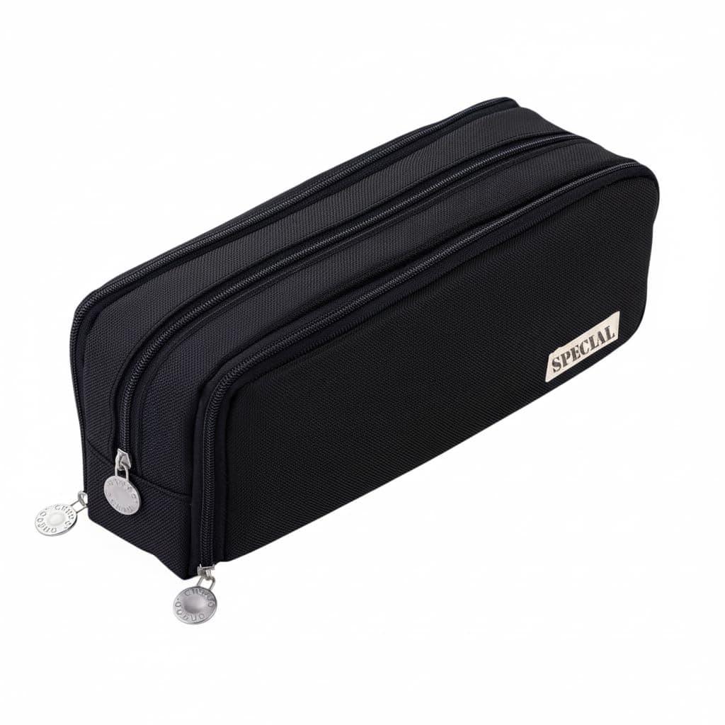 Umadiya® Aesthetic Large Pencil Case 3 Compartments Zipper Pencil Pouch Big Capacity Pencil Bag for Kids Girls Boys Student School Supplies Oxford Organizer Cosmetic Makeup Pouch (Black)