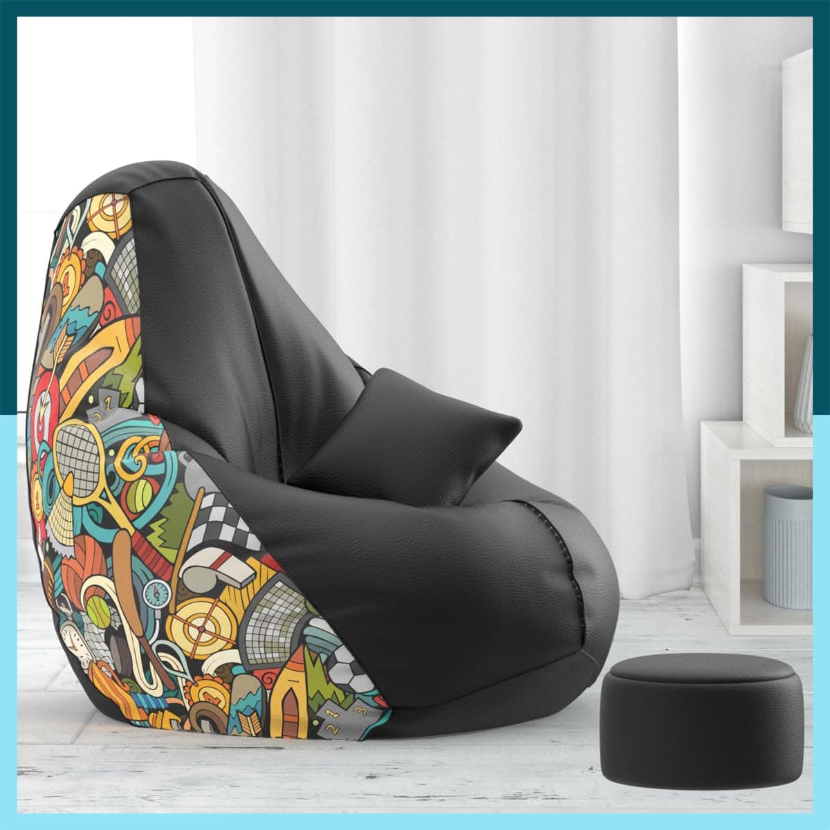 Biggie Bean Bag 4XL Bean Bag Chair with Beans Filled - Bean Bag Sofa - Sports-Themed Bean Bags for Living Room, Bedroom - Free Cushion & Footrest - Black Green - Customcoziness Combo - Faux Leather