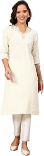 W for Woman White Yarn-Dyed Embroidered Cotton Flax Straight Kurta with Lurex Stripes