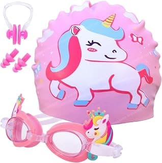 Toyshine Kids Swim Goggles and Swim Hat Child Shark Cute Swimming Kit Cartoon Blue Silicone Waterproof Hat Anti Fog Swim Glasses for Child Boys Girls Age 3-12 (Unicorn)