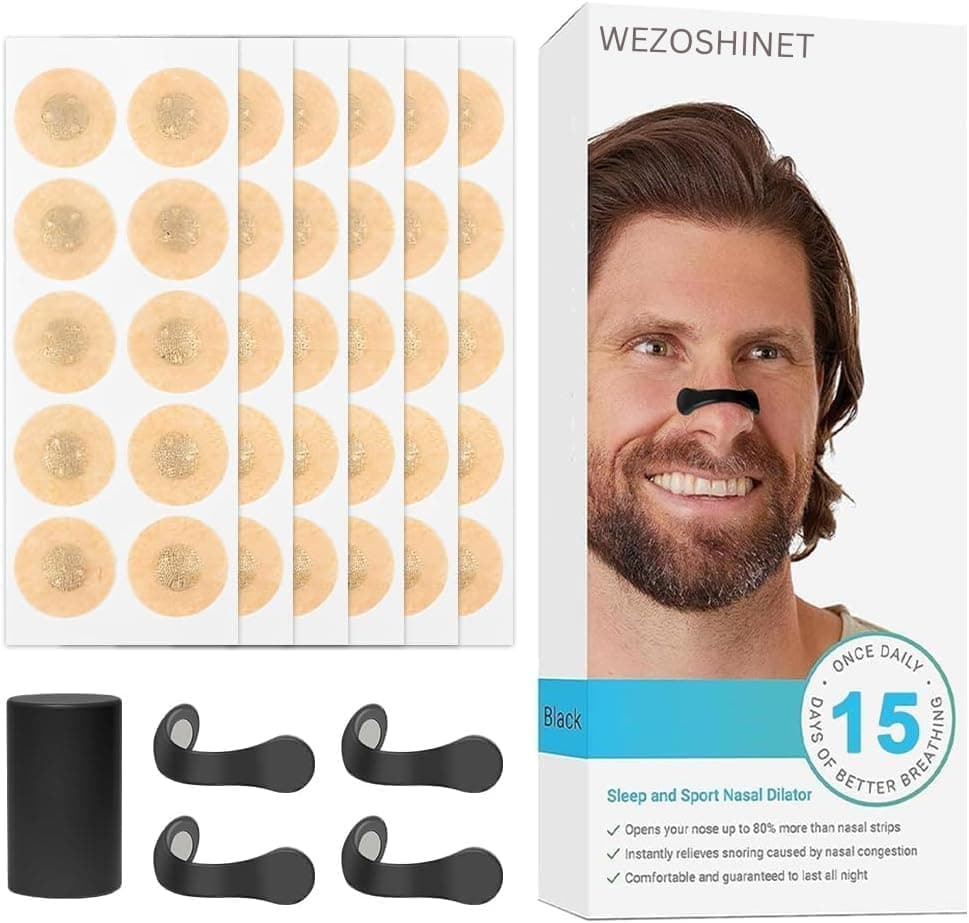 WEZOSHINET Breathing Nasal Strip Starter Kit (30 Count, Black) - Boost Oxygen Intake, Reduce Snoring, Improve Sleep Quality - Sweat Resistant, Skin Safe Nasal Strips - Extra Strength Snoring Solution