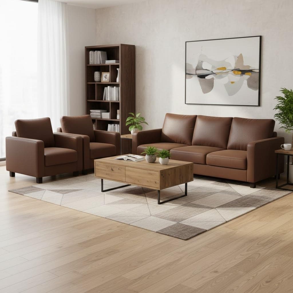 FURNY Haster 5 Seater Premium Leatherette 3+1+1 Sofa Set - (Brown) Comfortable & Ideal for Living Room
