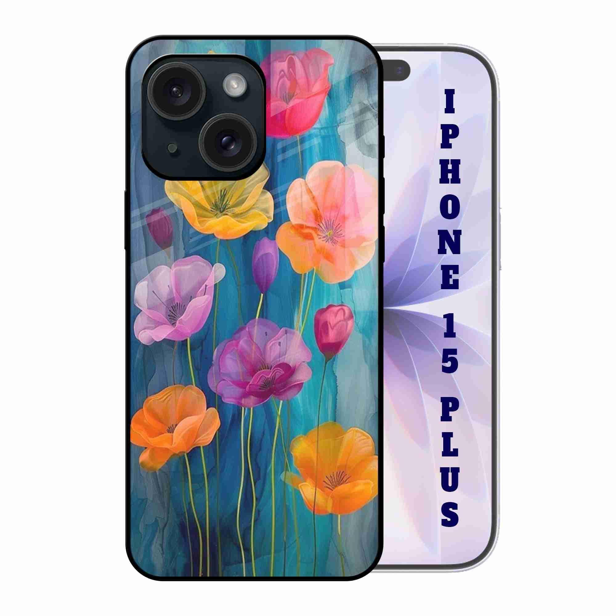 Abaci® Back Case Cover for iPhone 15 Plus | Aesthetic Flower Painting | Printed Glass, Glossy Slim Lightweight, Wireless Charging, Drop Protection