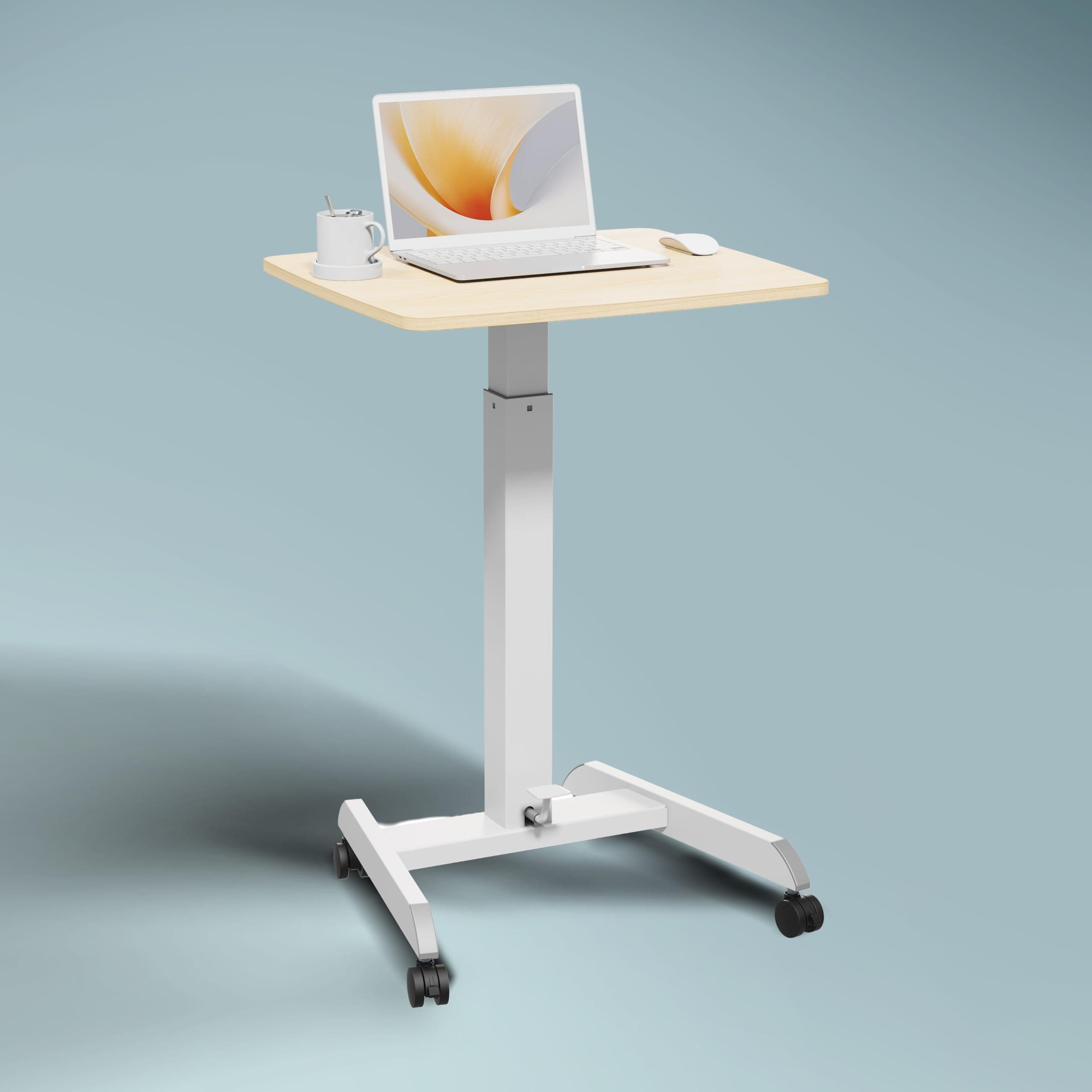JIN OFFICE Pneumatic Height Adjustable Table Desk | Hydraulic Sit Stand Laptop Table with Wheels and Foot Pedal for Height Adjustment| Portable Laptop Standing Desk (White Frame with Maple Top)