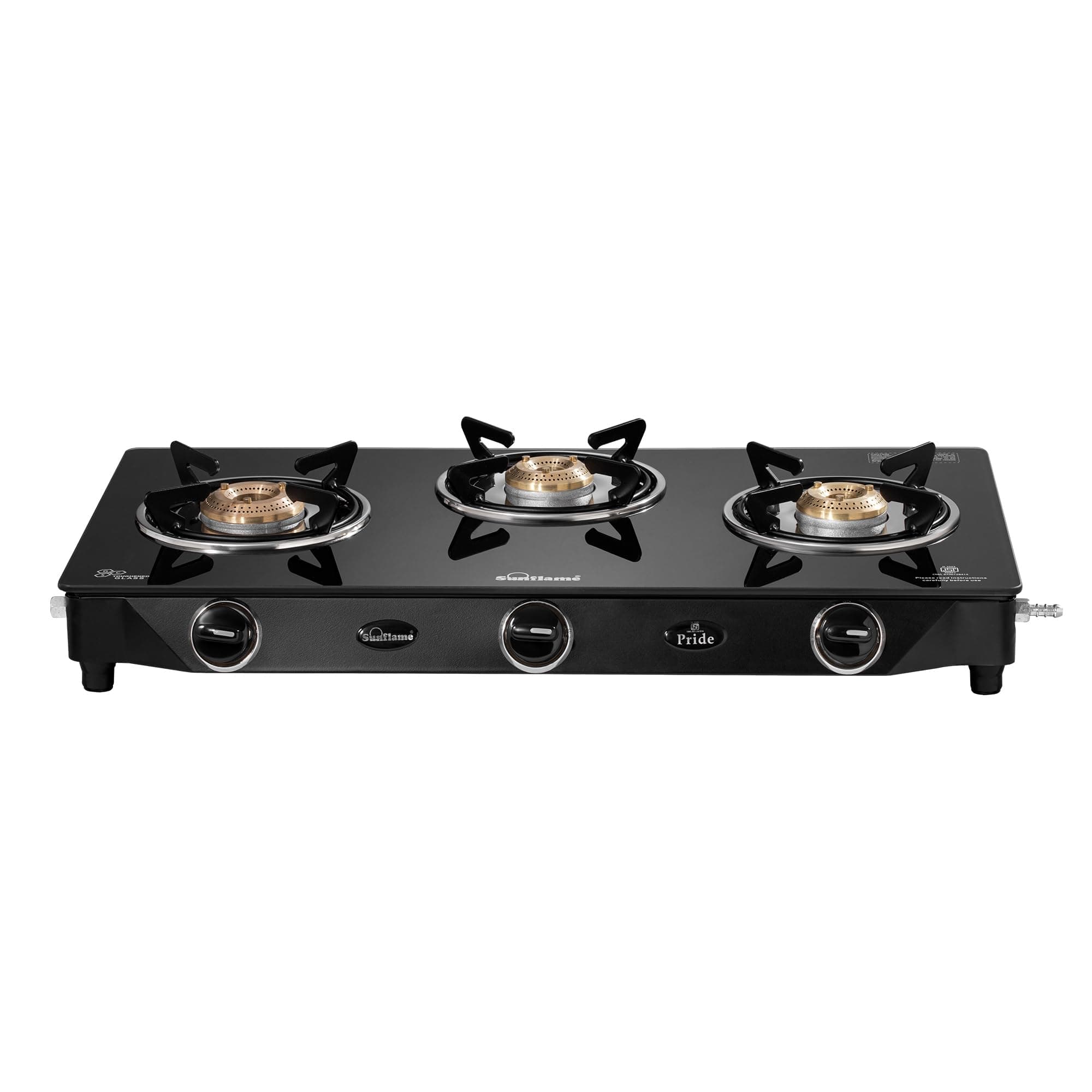 Sunflame Pride 3 Burner Gas Stove Glass Top 68.5 cm Wide | 1 Medium & 2 Small Brass Burners Gas Stove | 2-Years Product Coverage | Ergonomic Knobs | Toughened Glass Top | ISI Certified