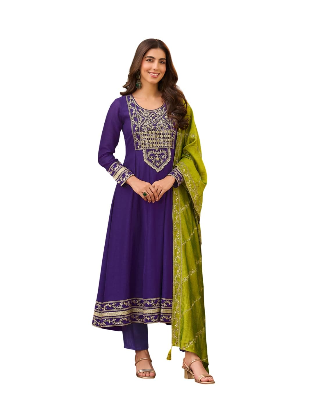 MOKOSH Women's Silk Embroidered Anarkali Kurta Set | Round Neck Full Sleeves | 3 Piece Outfit | Ethnic wear |Kurta Pant Dupatta