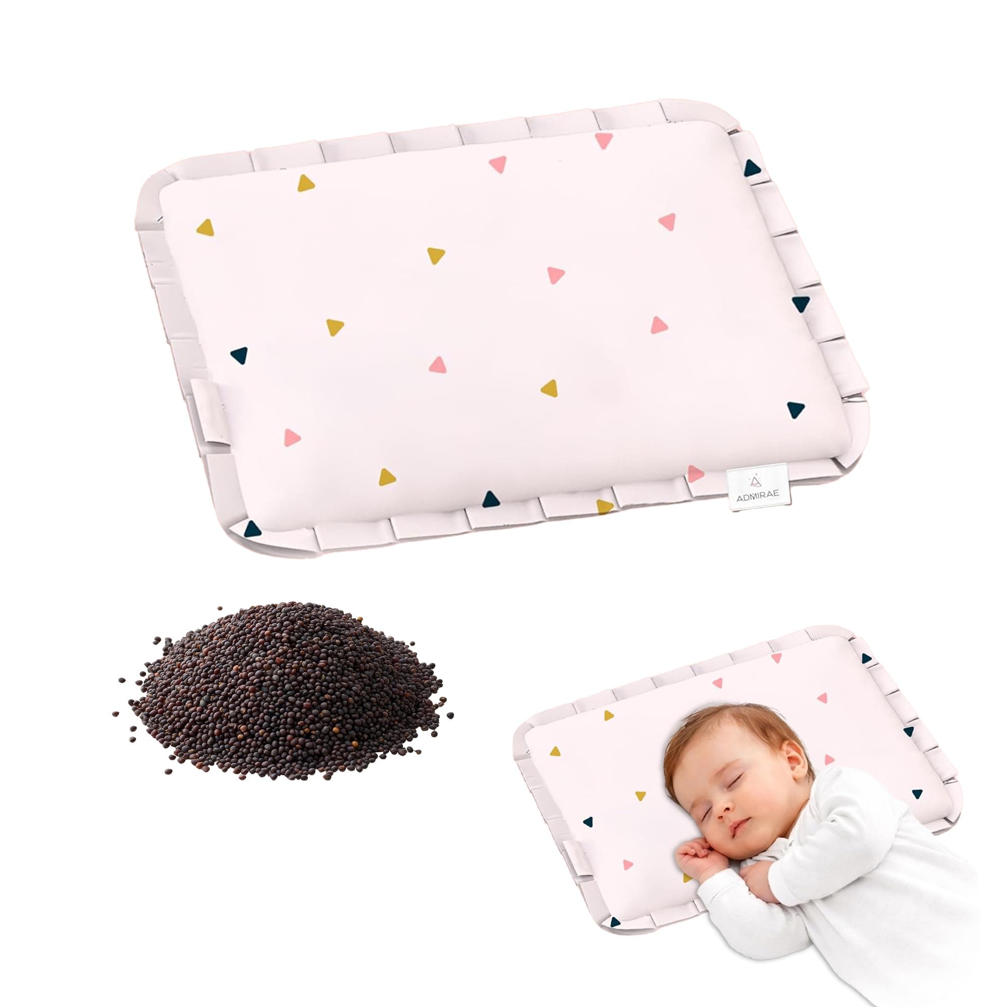 ADMIRAE Rai Mustard Seeds Pillow for Kids Baby Head & Neck Comfort, Soft Cotton Cover with Inner Lining, Lightweight Flat Pillow for Resting & Gifting for Baby Shower (Triangles Print)