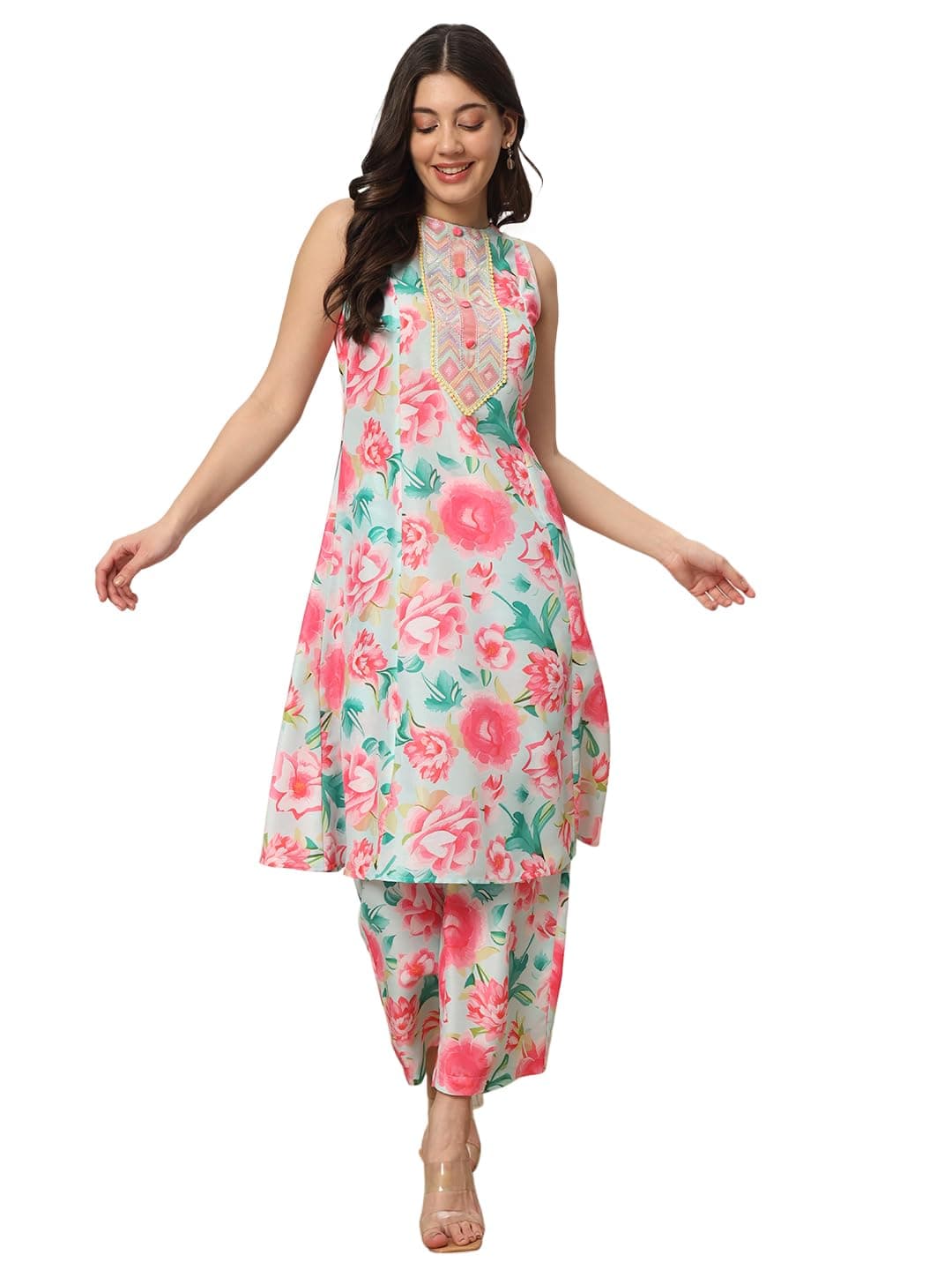 FIORRA Women's Pink Cotton Blend A-Line Kurta with Pant