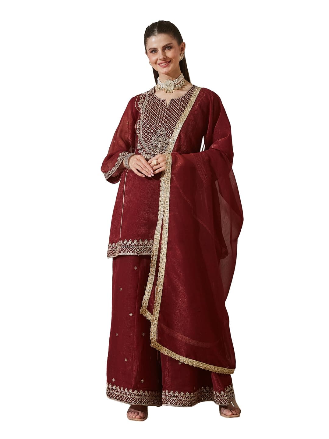MOKOSH Women's Silk Embroidered Kurti Palazzo Set with Dupatta | Sweetheart Neck 3/4 Sleeves | 3 Piece Outfit | Ethnic wear | Kurta Set for Women