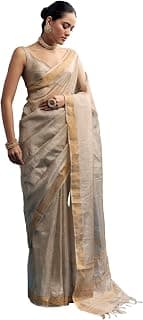 KALKI Fashion Silver Grey Tissue Organza Woven Saree With Golden Zari Work Tissue sarees for women Traditional Ethnic Wear Fashion Wear Wedding Collection Festive Saree