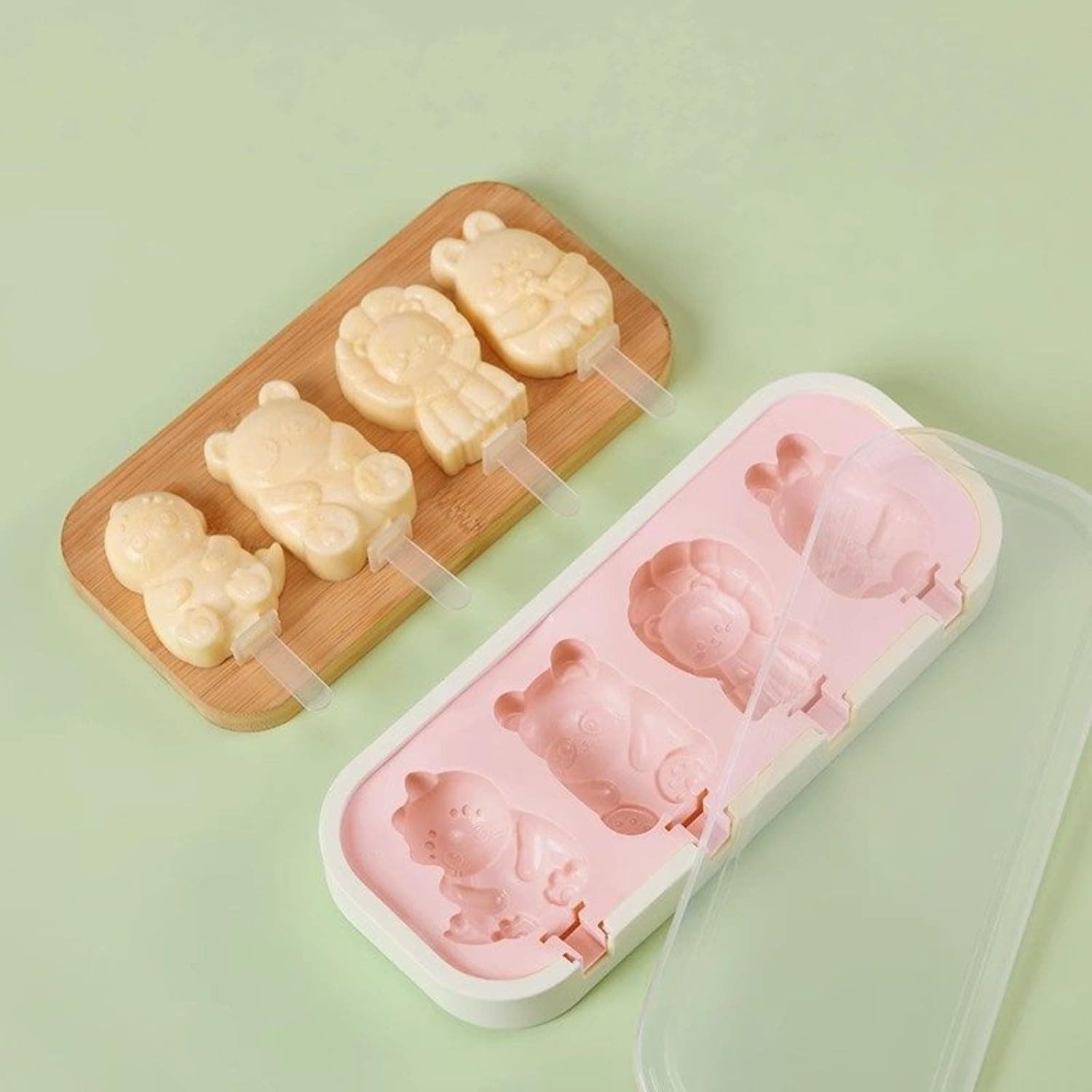 HOMIO 4 Animal Shape Cavity Non-Stick Silicone Ice Cream Mould with Lid & 6 Plastic Sticks Reusable Ice Lolly, Frozen Candy, Kulfi Molds, BPA-Free Stackable DIY Icecream Popsicle Maker (Multicolor)