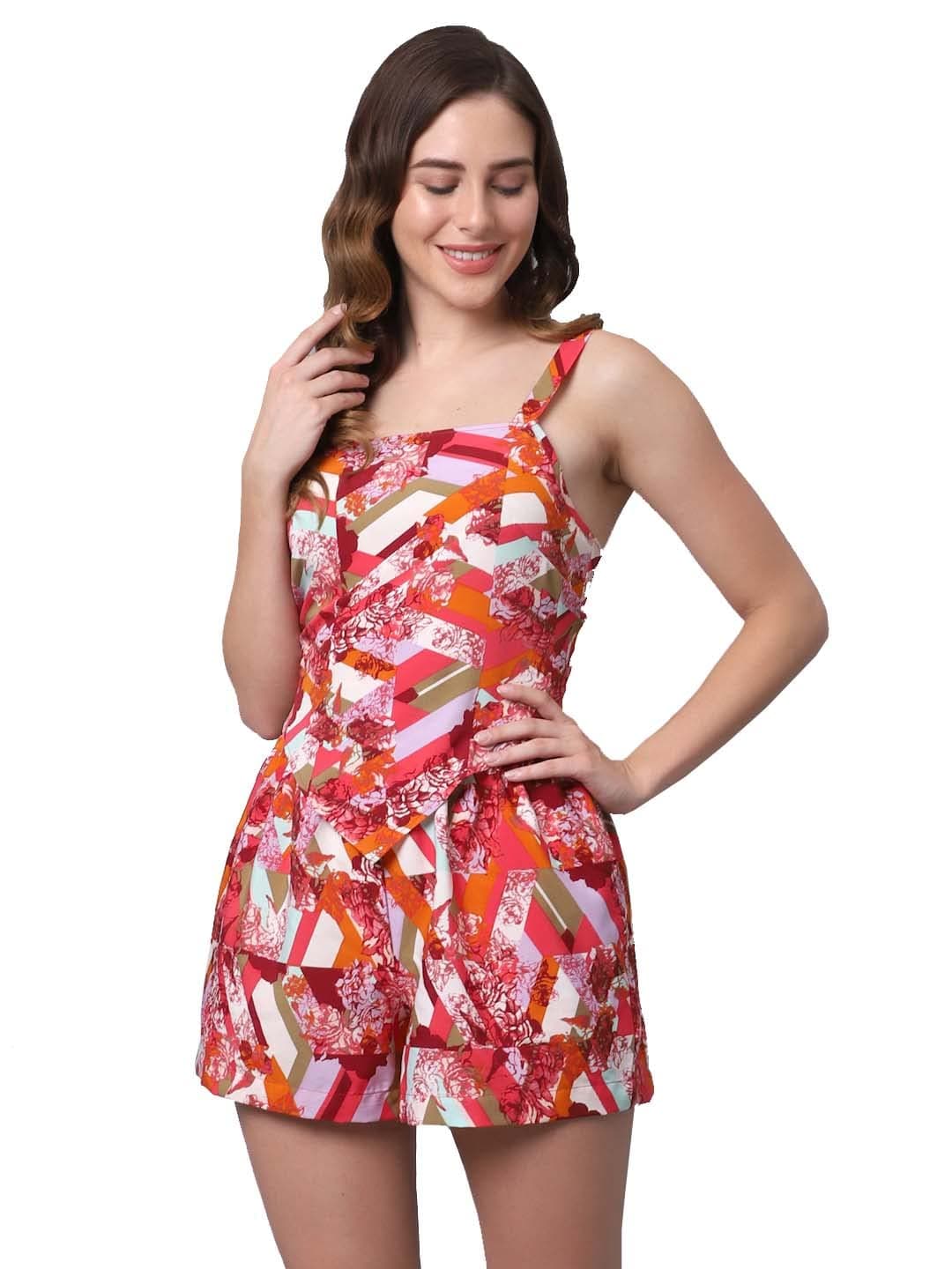 EROTISSCH Women's Floral Beachwear Co-ord Set, Made of Viscose Rayon, Tie Knot Back Sleeveless Top & Elastic Waist Shorts for Girls, Lightweight, Summer Resortwear for Vacation & Poolside