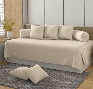 Stripes Diwan Set 8 Pcs – Premium Diwan Bedsheet with 2 Bolster Covers & 5 Cushion Covers | Soft, Elegant & Durable Cotton Fabric for Living Room & Home Décor | 70x100 inch | Beige