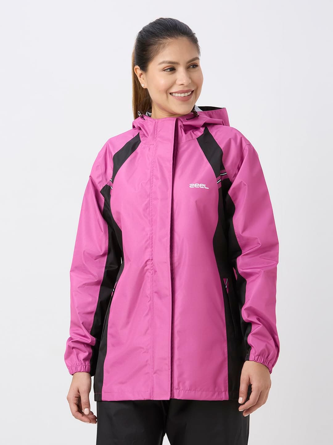 ZEEL Rain Coat for Women Waterproof with Adjustable Hood, Rainwear Suit with Backpack Friendly Pleate, Front Zip with Snap Button Flap, Pants for Ladies (ELS508, Pink, L)