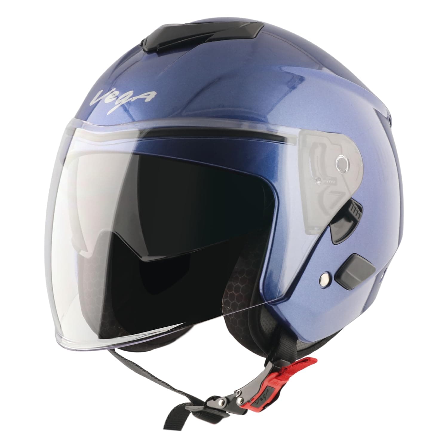 Vega VO 04 Punch Dual Visor Open Face Riding Helmet with Lightweight Shell, Shock-Absorbing Liner, Comfortable Interior, Aerodynamic Design, Ventilated Fit, and Modern Blue Styling Blue M