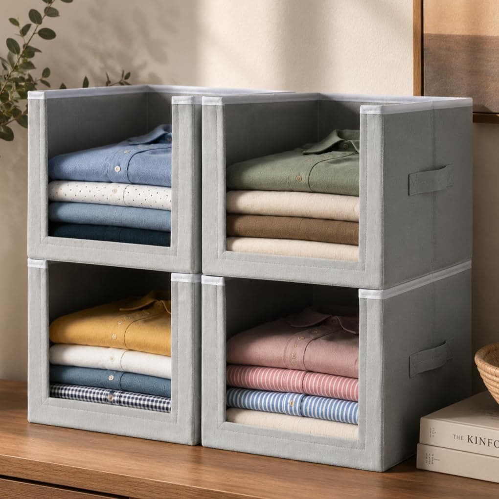 HomeStrap Set Of 4 Non Woven Shirt Stacker/Cloth Storage Foldable Wardrobe/closet Organizer With Handle For T-shirts, Shirts & Clothes (Grey)(Featured on Shark Tank)