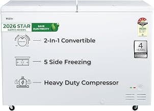 Haier HFC-320DPW4, Double Door Convertible Deep Freezer, 5 Side Freezing, Dual Condenser, Inside Metal Liner with 70mm Puff Thickness (White 310L)
