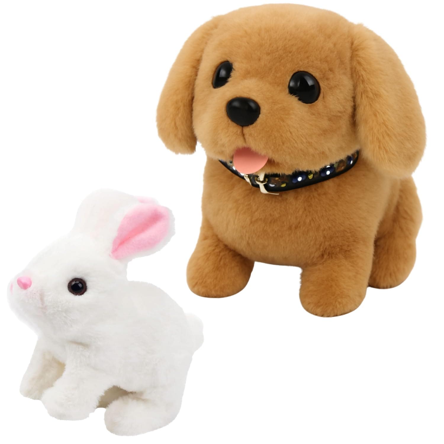 Interactive Hopping Walking Plush Toy Set – Soft Fluffy Brown Puppy and White Rabbit with Black Collars – Cute and Huggable Stuffed Animals for Kids and Collectors